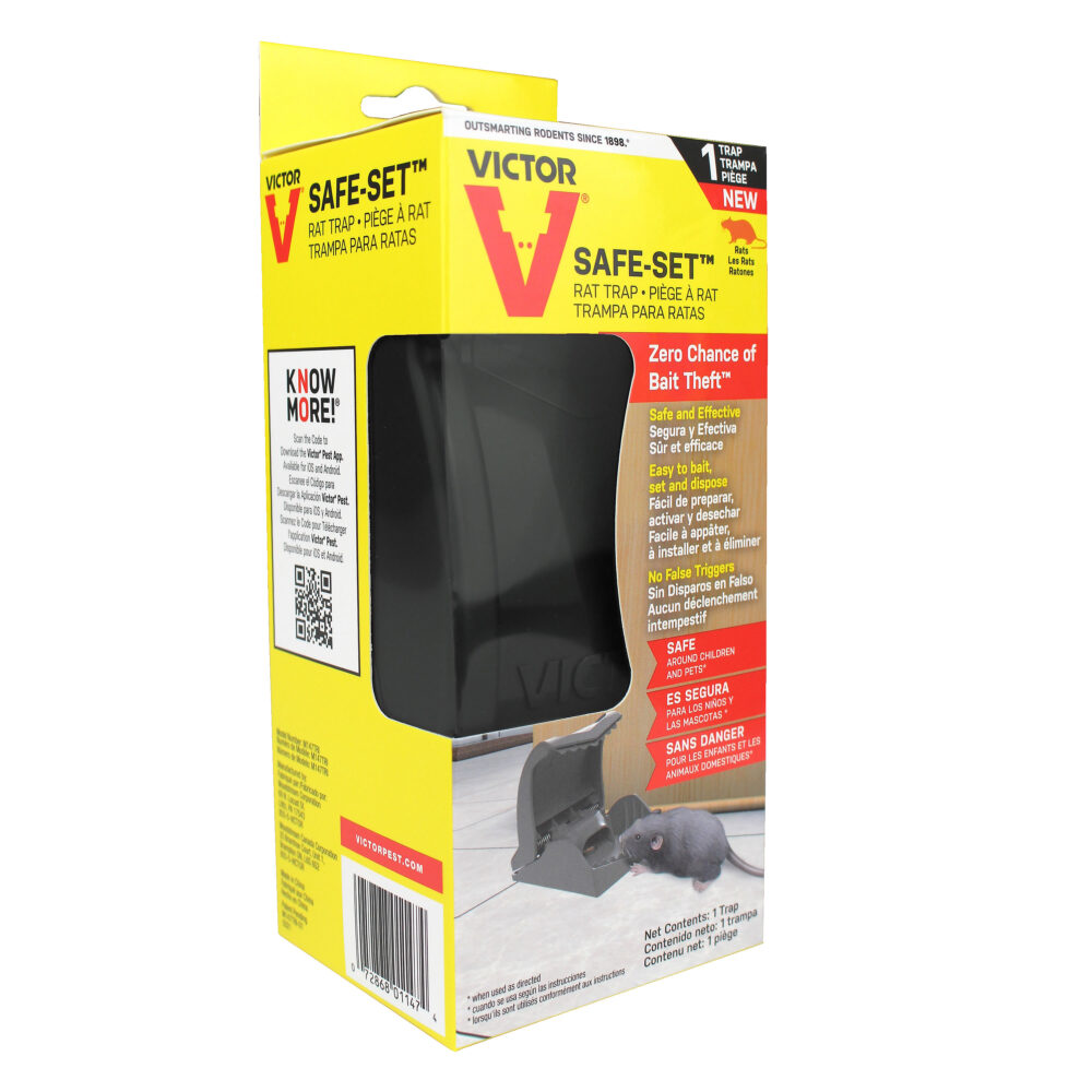Förpackning för Victor Safe-Set råttfälla, säker och användarvänlig design.